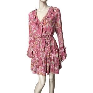 Btfl-Life Floral Print Ruffle Long Sleeve Minidress in Pink Sz M 100% Rayon
